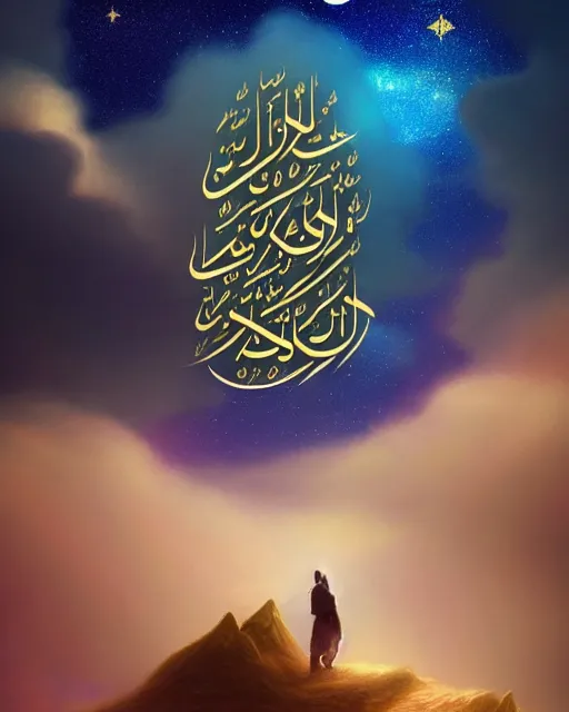 Image similar to the quran descending from the galaxy into clouds highly detailed, gold filigree, romantic storybook fantasy, soft cinematic lighting, award, pastel color palette, featured on artstation, digital art