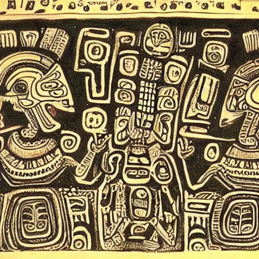 Prompt: Mayan drawing of stereotypical aliens visiting Aztecs on a UFO