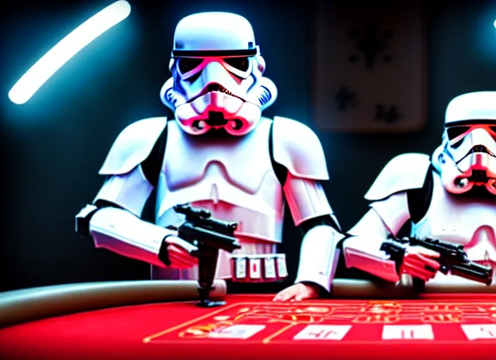 Image similar to a photo of two stormtroopers playing roulette in las vegas casino, ultra wide shot, 2 4 mm, bokeh, blurred background, colorful lights, golden ratio, sci fi, fantasy, cyberpunk, intricate, decadent, highly detailed, digital painting, octane render, artstation, concept art, smooth, sharp focus, illustration, art by loish, wlop