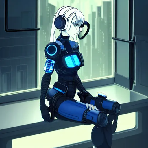 Prompt: cyborg - girl with silver hair, wearing headphones, and sitting on a window sill, highly detailed, painting, dark blue and black color palette, intricate, high quality anime artstyle, in the style of ross tran