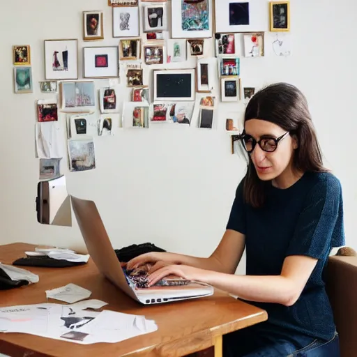 Image similar to A photo of hila klein sitting on a computer scrolling a webpage of etsy.com with clothes designs