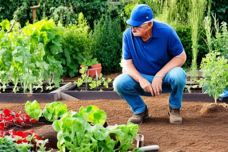 Prompt: middle - age - man wearing baseball cap and sunglasses looking down to the ground kneeling beside a healthy luscious beautiful vegetable garden with gardening tool leaning by his side