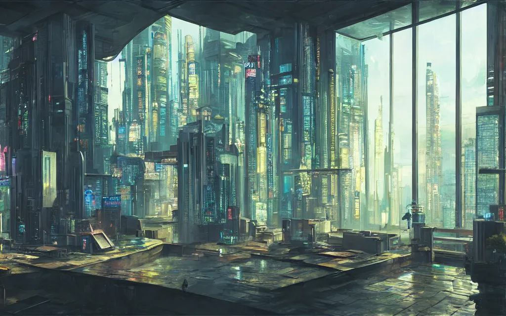 Image similar to cyberpunk loft lounge with tall windows, no people, city in background, drawn by feng zhu, sparse plants, dim painterly lighting volumetric aquatics, impasto