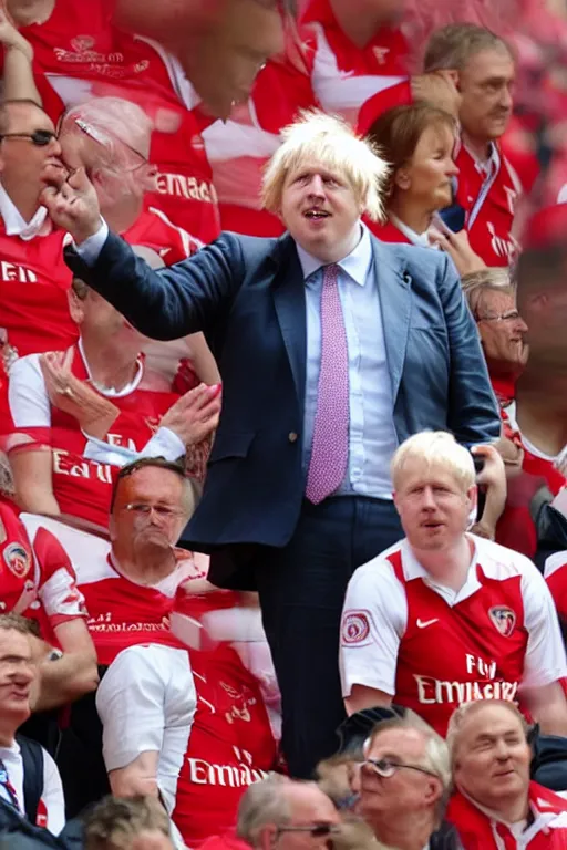 Prompt: boris johnson in the stadium wearing the red and white arsenal shirt, photographed, sunny day, portrait, photographic