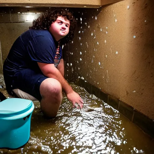 Image similar to flash photography of chubby teenage boy with long curly brown hair vomiting, and flooding the basement he is sitting in with vomit