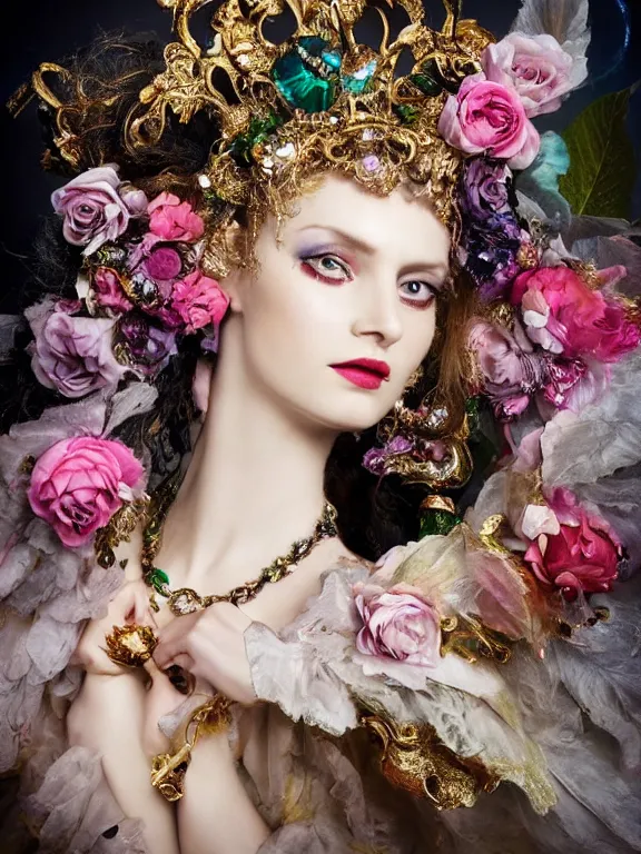 Prompt: a 65mm fashion headshot portrait of a fairy lady who has rococo dramatic headdress with roses,dressing tassels gemstones,by Ekaterina Belinskaya,Virginie Ropars ,William Holman Hunt,Nekro,GUCCI,DIOR,trending on pinterest,hyperreal,jewelry,gold,maximalist