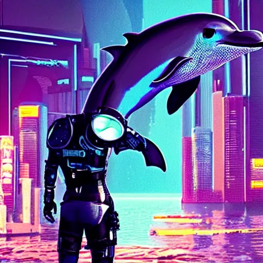 Prompt: a dolphin in cyberpunk outfit, cinematic