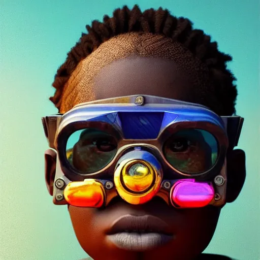 Image similar to vfx portrait - art of a nigerian boy wearing colourful steam punk goggles, art by utagawa kunisada & james jean, volumetric light, symmetrical, ray tracing, unreal engine, octane 3 d render, sharp, detailed, digital render, illustration, highly detailed, intricate detail, pinterest, behance, art station,