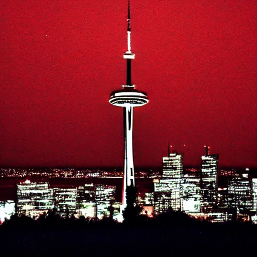 Image similar to Toronto space needle tourist guide with planet mars as a head, dramatic cinematic lighting