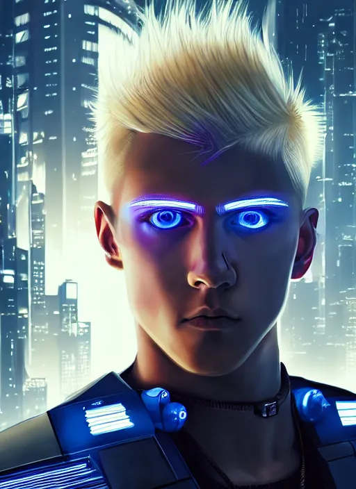 Image similar to photo of cyberpunk blonde male teenager fighting a robot in the style of stefan kostic, realistic, sharp focus, 8 k high definition, insanely detailed, intricate, elegant, art by stanley lau and artgerm