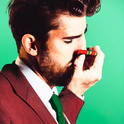 Image similar to side view head and shoulders man with dark brown hair smoking cigarettes wearing red suit with green tie dramatic moody lighting melancholy