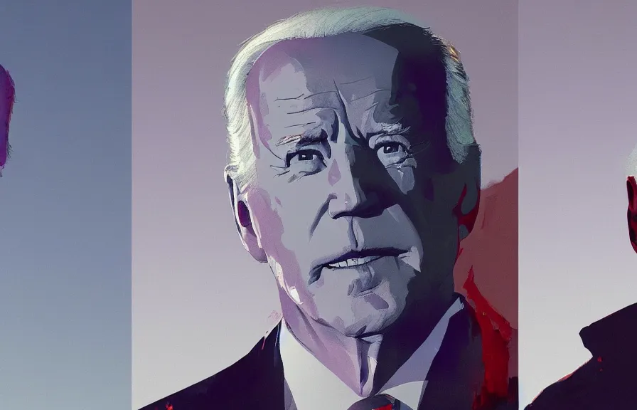 Prompt: Joe Biden casts a long shadow, by Greg Rutkowski and Dave McKean purple color palette