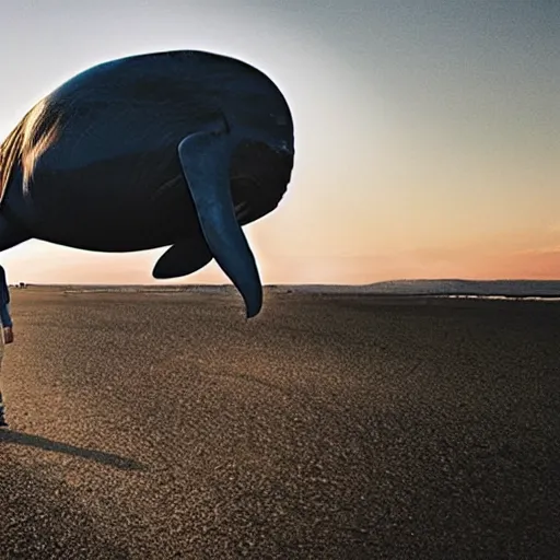 Image similar to “A photo of a man walking a whale on a leash like a dog”