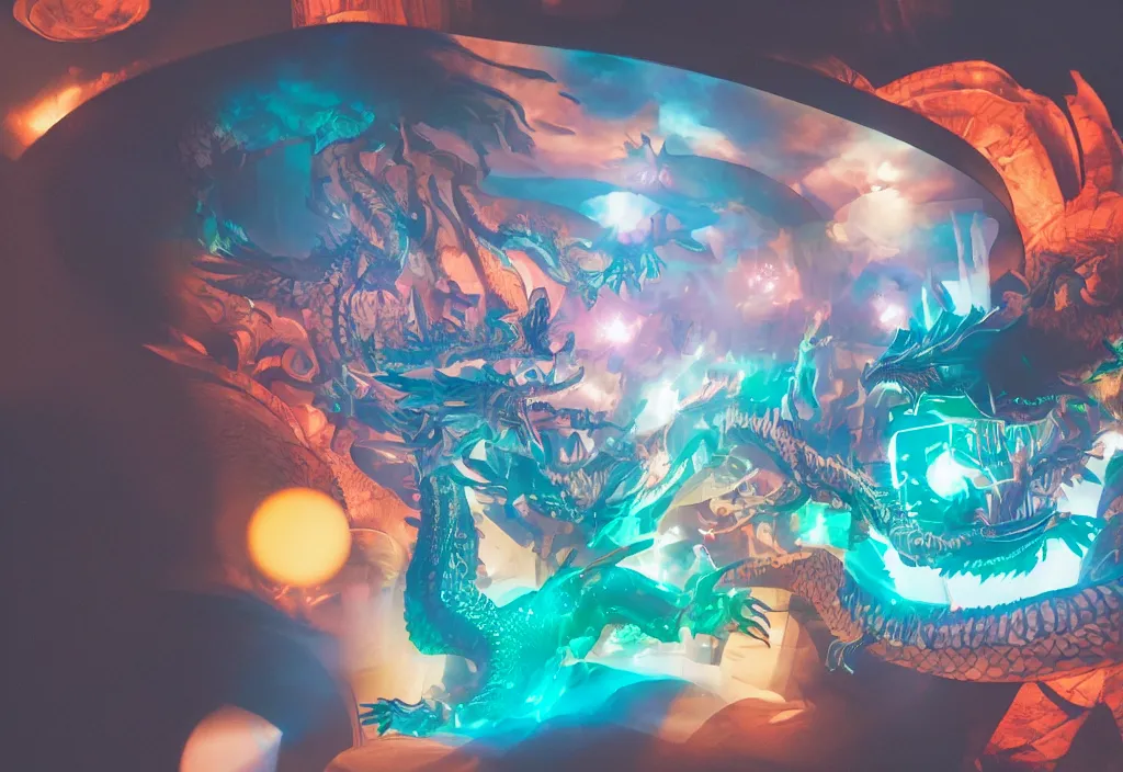 Image similar to 3 d dragon popping out of curved movie, volumetric lighting, bedroom, visor, users, pair of keycards on table, bokeh, creterion collection, shot on 7 0 mm, instax