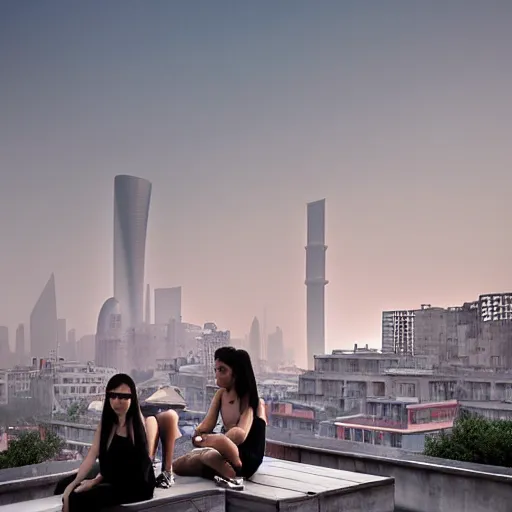 Image similar to a small rooftop with a couple of people sitting and watching the view, wearing black modern clothes, designed by rick owens, messy short hair, modern shanghai bund in smog is on the background, sunset, pale colors, by gregory crewdson