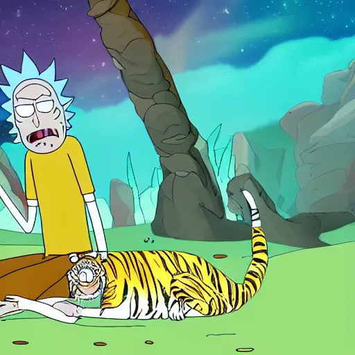 Image similar to Rick and Morty cartoon sleeping on a tiger. cinematic, dramatic lighting, trending on deviantart