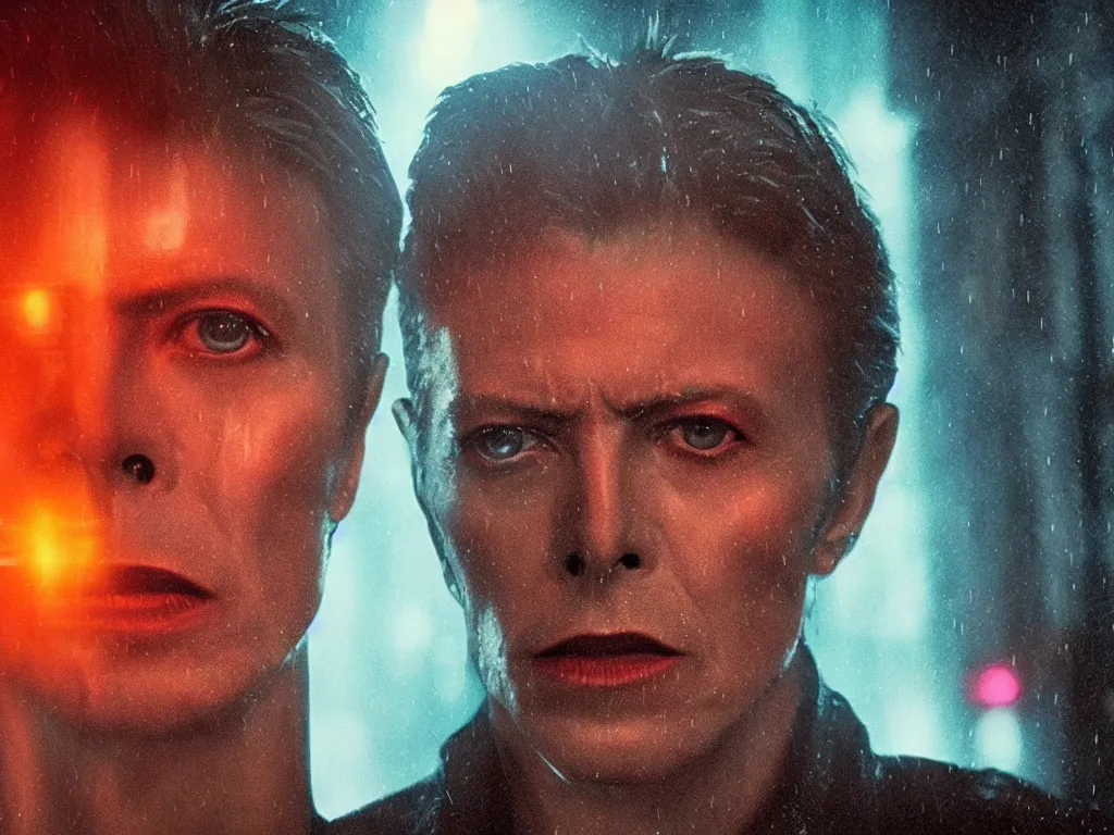 Image similar to young David Bowie, close-up, film still from Blade Runner 2049, beautiful lighting, raining, neon lights, cinematic, depth, ultra-sharp details