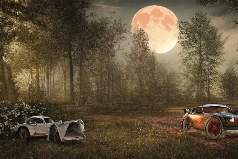 Image similar to cars, forest, moon, snakes, flowers, gothic art, 8k, ultra detailed