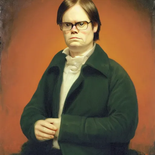 Image similar to portrait of dwight schrute at a halloween party, as painted by augustus edwin mulready and hendrik kerstens