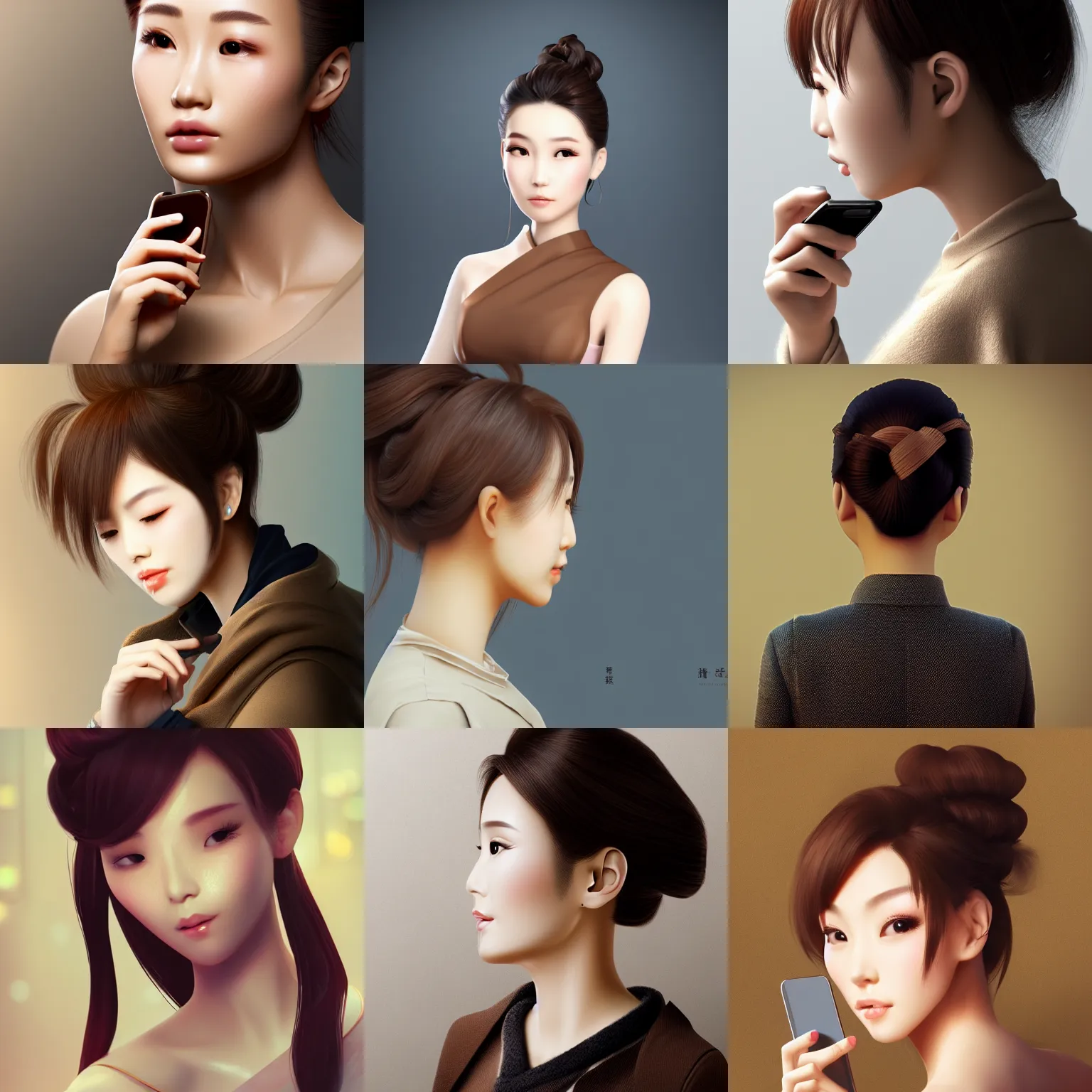 Prompt: light brown updo chinese beauty on the mobile phone facing the screen, overhead view, bokeh, artstation