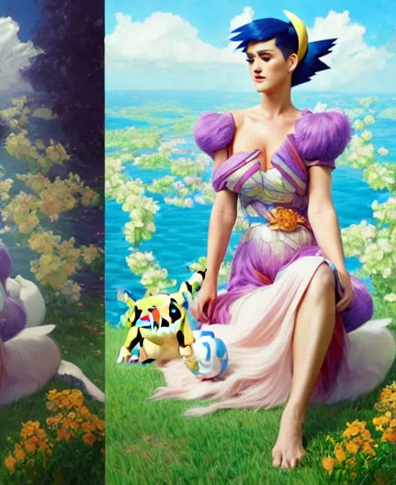 Image similar to katy perry as a character in pokemon, mottled coloring, adorable, childlike, pastoral environment, ultra realistic, concept art, art nouveau, photorealistic, octane render, 8 k, unreal engine. art by christopher marley and artgerm and greg rutkowski and alphonse mucha