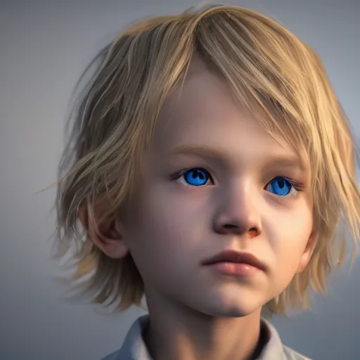 Prompt: a detailed portrait of boy with blonde hair and blue eyes, unreal engine 5 rendered, incredibly highly detailed and realistic, 8 k, sharp focus, studio quality