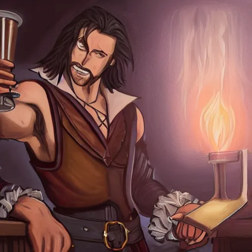 Prompt: Beautiful painting of Trevor Belmont from Castlevania, enjoying a pint of ale at a tavern, HDR, happily smiling at the camera, holding the pint of ale, sitting at the bar, warm lantern lighting.