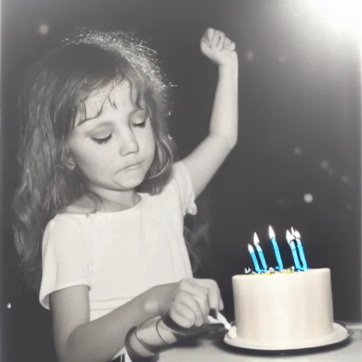Image similar to birthday part for a young girl in 1976, she is blowing out the candles on a birthday cake. ektachrome photograph, volumetric lighting, f8 aperture, cinematic Eastman 5384 film
