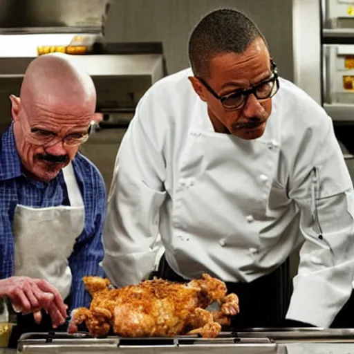 Prompt: Walter White and Gus Fring cooking chicken together