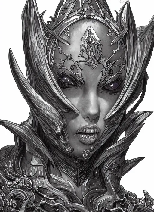 Image similar to a detailed face portrait of the queen of blades, line art, diablo 4 lilith, by yusuke murata, by hiroya oku, trending on artstation