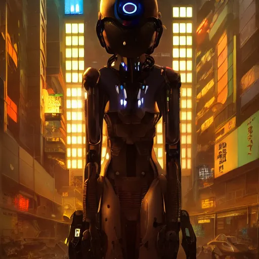 Image similar to cyberpunk robot in future japan at night, concept art, fine details, Anime, cinematic lighting, ghost-in-the-shell, cyberpunk,sci-fi, fantasy, intricate, elegant, highly detailed, digital painting, artstation, concept art, smooth, sharp focus, illustration, art by artgerm and greg rutkowski