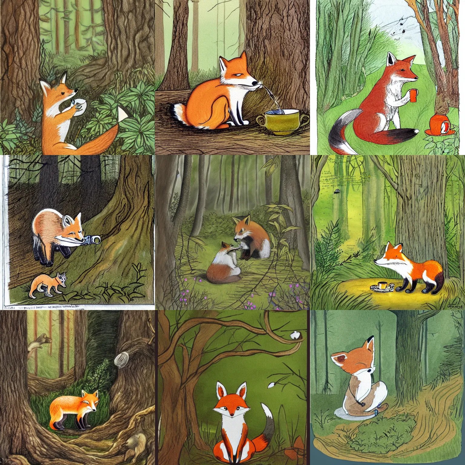 Prompt: fox drinking tea in a forest clearing, in the style of beatrix potter illustrations