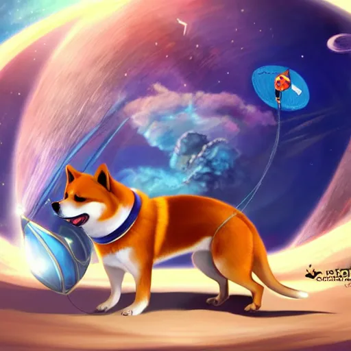 Image similar to cute shiba in an astronaut suit steering a flying ship, treasure planet style, digital art, 4 k, realistic, vivid colors