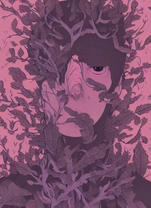 Image similar to portrait, nightmare anomalies, leaves by miyazaki, violet and pink and white palette, illustration, kenneth blom, mental alchemy, james jean, pablo amaringo, naudline pierre, contemporary art, hyper detailed