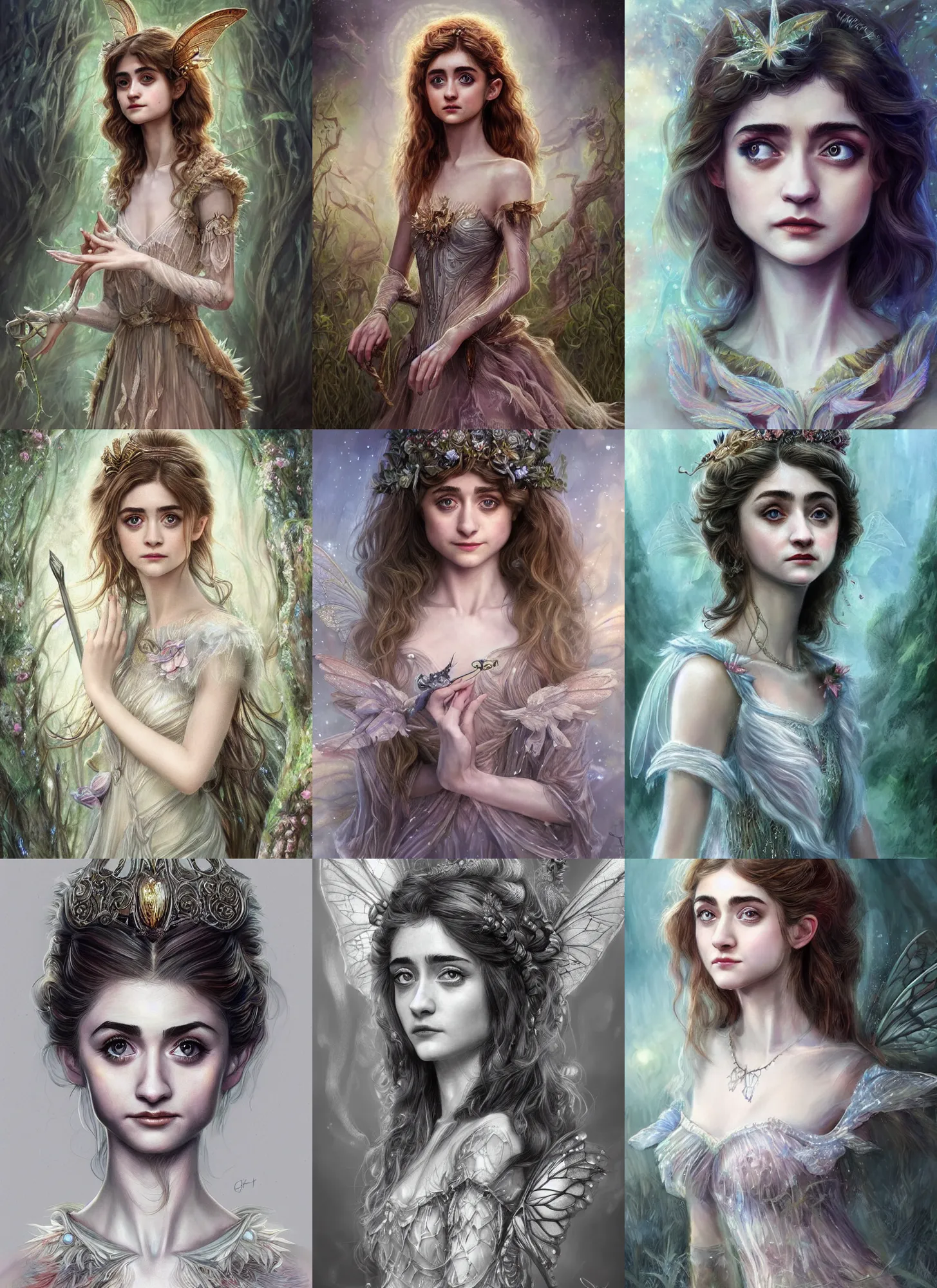 Prompt: Natalia Dyer as fairy, cute, fantasy, intricate, elegant, highly detailed, digital painting, 4k, HDR, concept art, smooth, sharp focus, illustration, art by artgerm and H R Giger