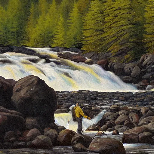 Image similar to tardigrade fishing for salmon at Brooks Falls in Alaska, landscape painting by Moran and George Caitlin