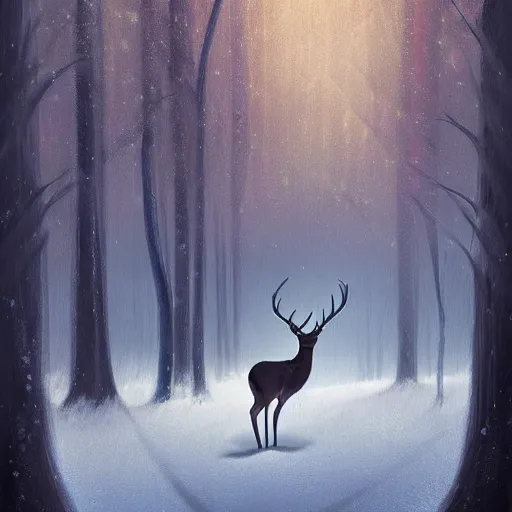 Image similar to a painting of a deer in a snowy forest, a digital painting by petros afshar, featured on deviantart, fantasy art, nightscape, digital illustration, official art