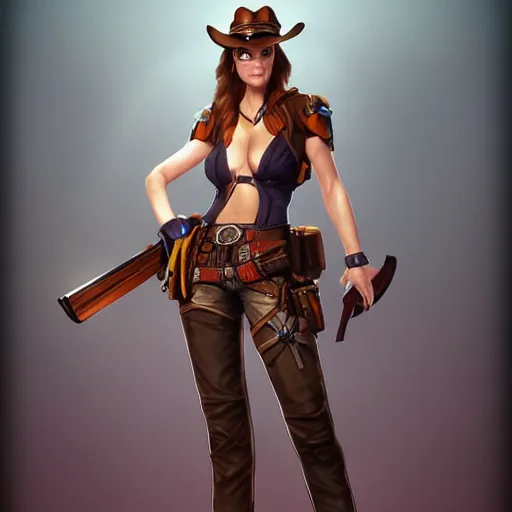 Image similar to full body, female cowgirl, perfect face, long rifle, 8 k, magic the gathering, d & d, artstation