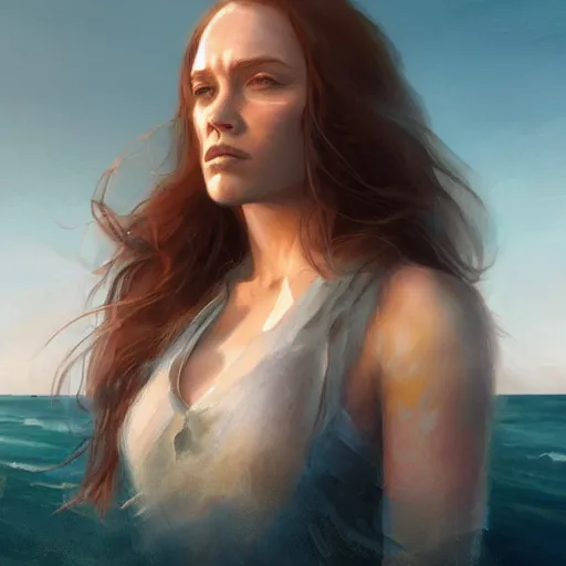 Prompt: A beautiful woman walking on the beach towards the viewer, high detail, 8K illustration, dynamic lighting, concept art, beautiful facial features, long hair, blue eyes sunny, art by Leesha Hannigan and Greg Rutkowski,