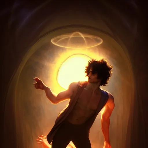 Image similar to ian somehalder posing, warm volumetric lighting, cosmic, symmetric, highly detailed, elegant, concept art, heavenly, god rays, intricate, sharp focus, illustration, alexandros pyromallis, bouguereau, rutkowski, artgerm, alphonse mucha