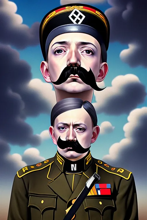 Image similar to baroque oil painting of key visual portrait concept art of hitler as anime girl, with mustache, military nazi ss uniform, brutalist, dark fantasy, rule of thirds golden ratio, fake detail, trending pixiv fanbox, acrylic palette knife, style of makoto shinkai studio ghibli genshin impact jamie wyeth james gilleard greg rutkowski