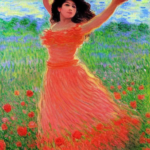 Prompt: beautiful tan mexican woman, dancing in a field of roses, full body, prominent rosy cheek bones, black hair and brown eyes, monet art style,