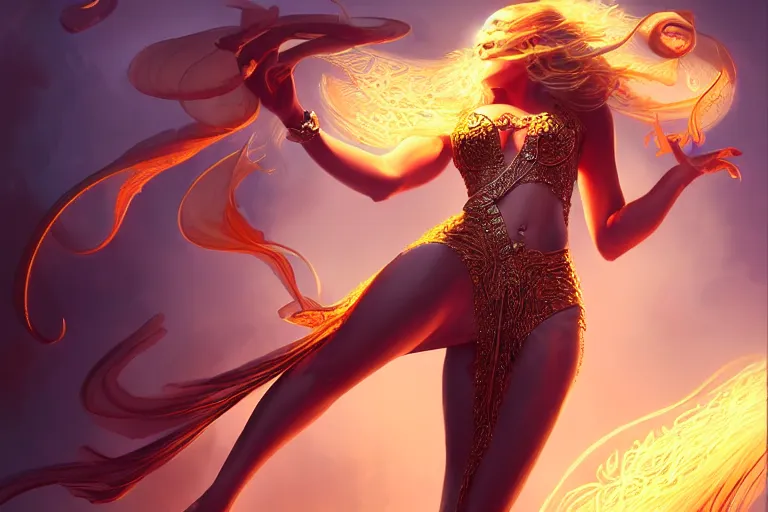 Image similar to Magician, female, fantasy, bangles, explosion, dramatic, intricate, elegant, highly detailed, digital painting, artstation, concept art, smooth, sharp focus, illustration, art by Boris Vallejo, octane render