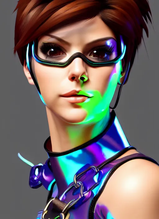 Image similar to portrait bust digital artwork of tracer overwatch, wearing iridescent rainbow latex and leather straps catsuit outfit, expressive face, makeup, in style of mark arian, angel wings, wearing detailed leather collar, chains, black leather harness, detailed face and eyes,