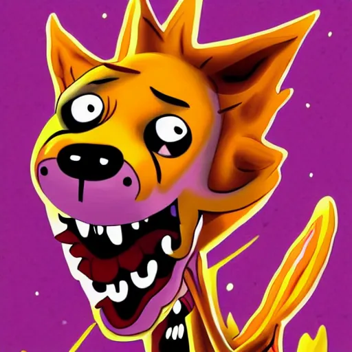 Prompt: courage the cowardly dog, cartoon, cute, scary, gross, beautiful digital painting, masterpiece, violence, intense themes, spectacular composition, hyper realism, intricate detail, brush strokes, lens flare