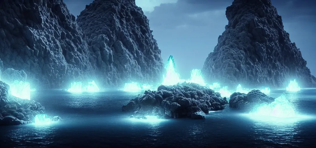 Image similar to octane render uhd, 8 k art photography, filmic lighting, cinematic art shot, hyperrealistic, hyperdetailed, super detailed, 8 k, high resolution, mysterious strangle glowing crystalline structure made of white rocks in the far distance, 8 k uhd photography by ross tran and ivan aivazovsky, black water, midnight