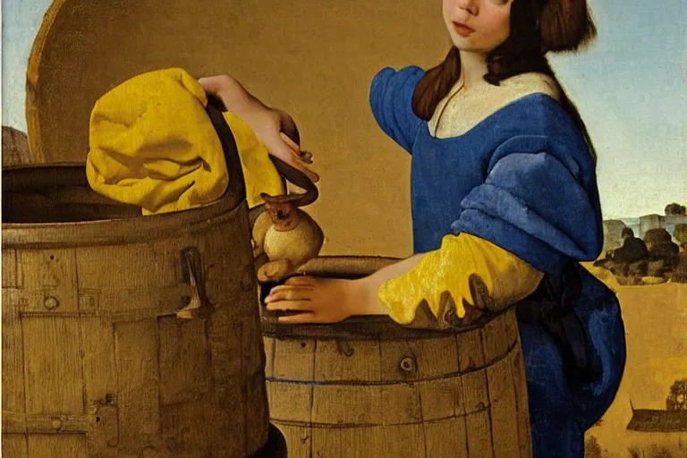 Image similar to girl with brown hair, short horns, long animal ears, a yellow t - shirt and blue overalls, wearing a barrel in a medieval marketplace, baroque, art by johannes vermeer