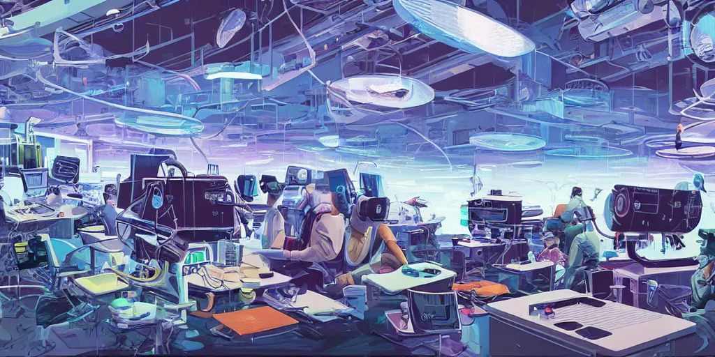 Prompt: retrofuturistic innovation hub for startups and small businesses working with virtual reality, augmented reality, AI, 5G and crypto by syd mead and ron cobb