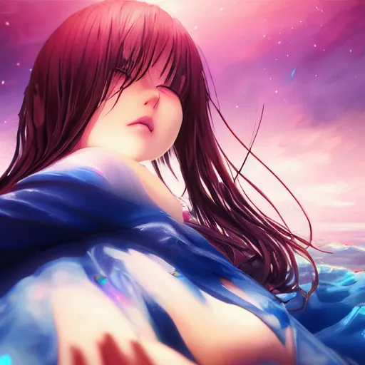 Image similar to photorealistic dramatic liquids anime girl render, detailed face, colorful, atmosphere cinematic, by wlop, by ilyu kuvshinov, soft shadows, be concept art, super detailed, unreal engine 5, octane render, 8 k, super realistic, ufotable studio art style, global illumination, trending in pixiv, japanese light novel cover, visual novel