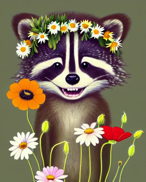 Prompt: a watecolor painting of a smiling happy cute raccoon wearing a flower crown, daisies and poppies, by antoine de saint - exupery and annabel kidston and naomi okubo and jean - baptiste monge. a child storybook illustration, muted colors, soft colors, low saturation, fine lines, white paper